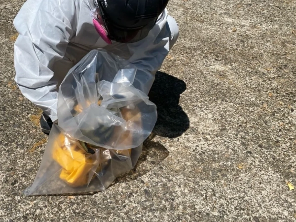 富山でレベル3小型パッキンのアスベスト除去。株式会社エイキの作業員が除去後のアスベストパッキンの袋詰め（2重目）を行っている様子