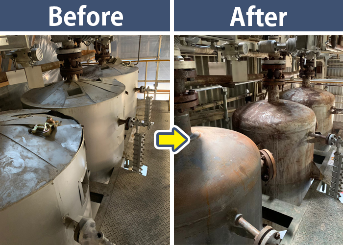 3基のタンクのアスベスト保温材除去を前後比較