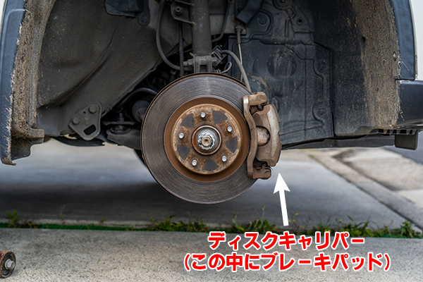 タイヤが外された状態の自動車の車輪。ブレーキパッドを紹介する為、該当部分である車輪の右側を矢印で記してある。