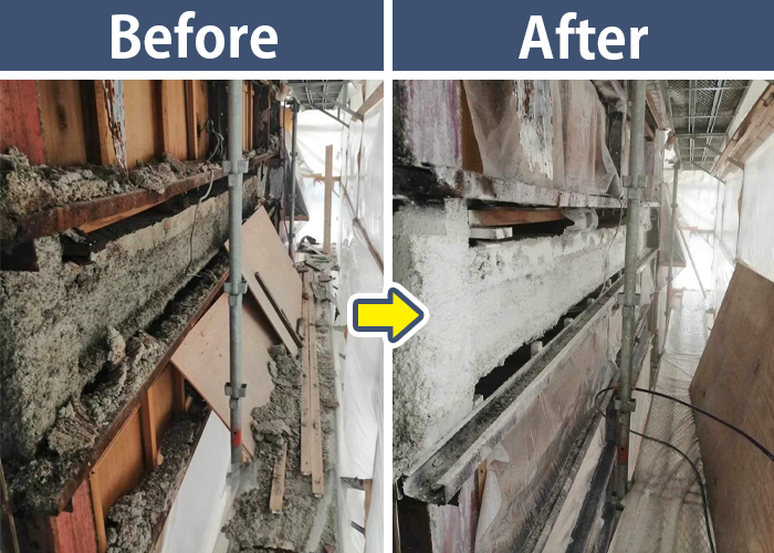 吹き付けアスベスト封じ込め前と封じ込め後の比較画像