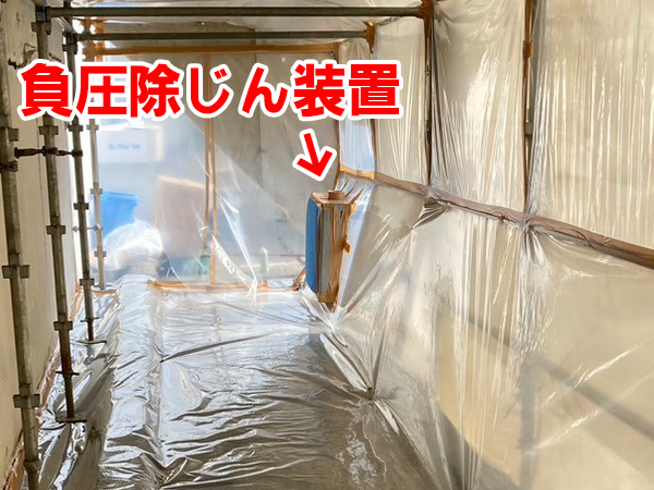 密閉された部屋に設置された負圧除じん装置。