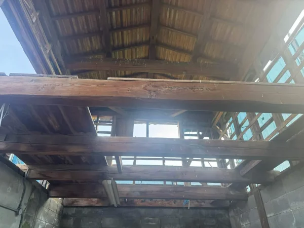 屋根は木造。太い梁が通っているのが見える。壁はコンクリート。