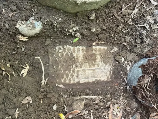 土に埋もれた四角いメーターボックスの蓋