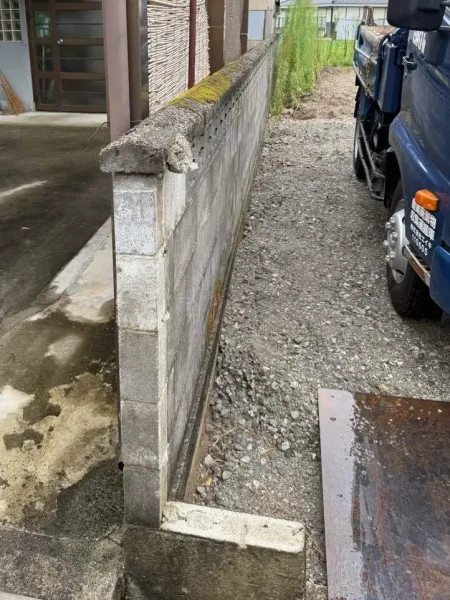 背の高いブロック塀。上部には苔が生えている。