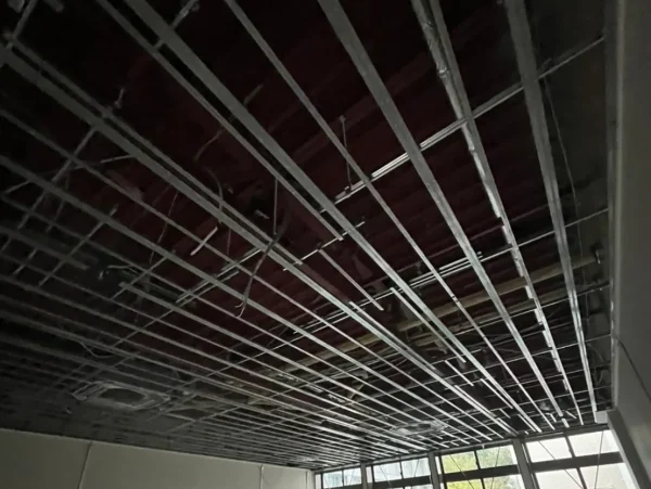 天井からボードと断熱材が撤去され、鉄骨の骨組だけの状態になっている。