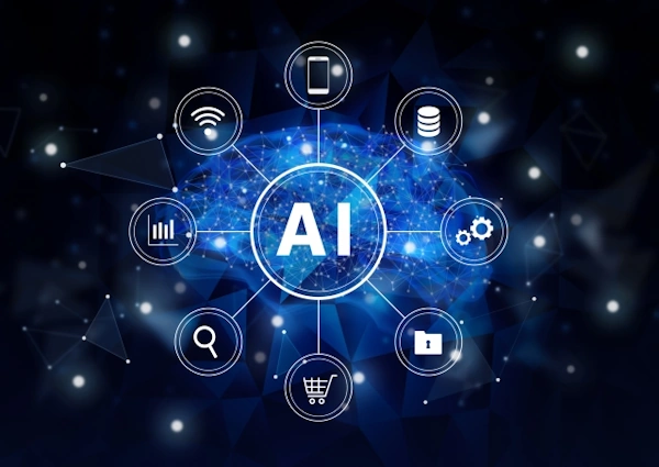 デジタル技術とAIが連携し、様々な業務やサービスを効率化するネットワークのコンセプト画像